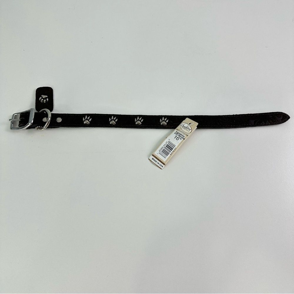 Omni Pet 16" Signature Leather Brown Dog Collar With Silver Tone Paw Prints NEW